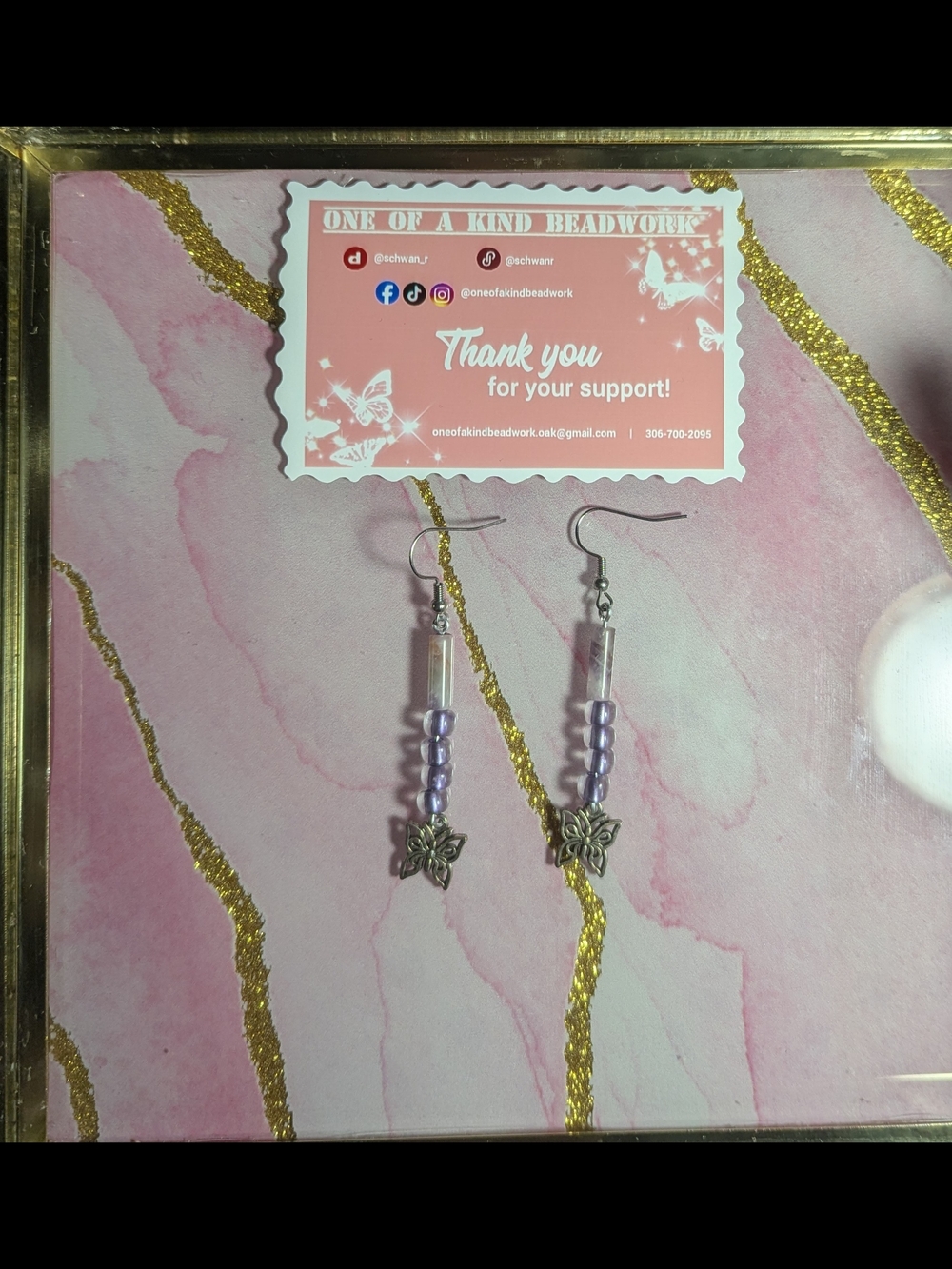 Lavender Butterfly Beaded Dangle Earrings